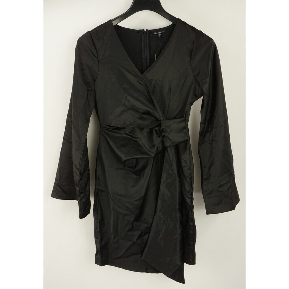 New Ever After Women's S Long Sleeve Black Satin Faux‎ Wrap Tie Waist Mini Dress